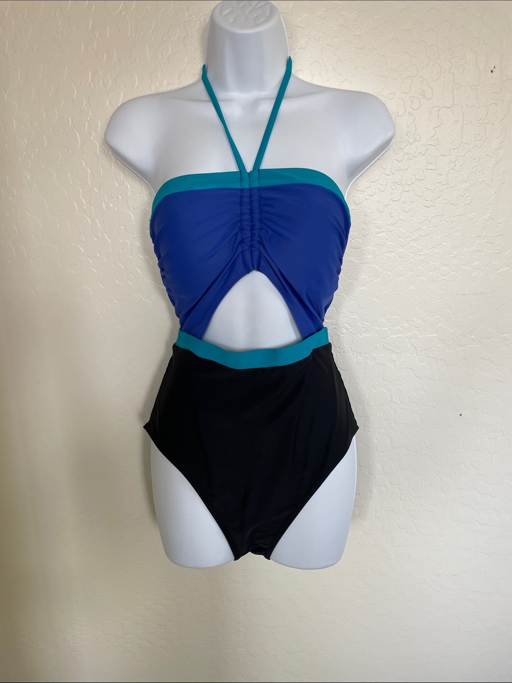 Coastal Blue Teal and Royal Blue Cutout One-Piece Swimsuit with Black Bottom